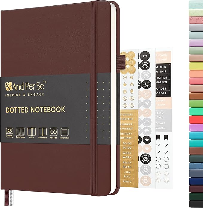 &And Per Se Dotted Journal Notebook, A5 Hardcover Leather Bullet Dotted Journal, 160 Pages 100 gsm Thick Paper,3 Sheets of Stickers Included - 5.7'' x 8''(Dark Red)