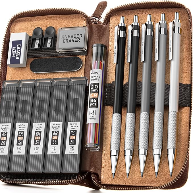 Nicpro 17PCS Metal 2mm Mechanical Pencil Set in Leather Case, 5 PCS 2.0 mm Lead Pencil Holders (4B 2B HB 2H 4H) 6 Tube Black Colored Lead Refills, Erasers, Sharpener For Art Drafting Sketching Drawing