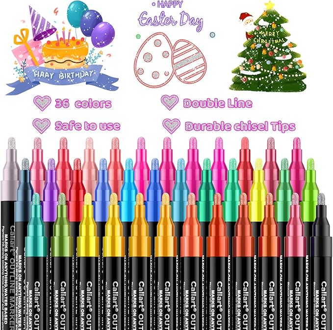 Caliart Easter Basket Stuffers, 36-Color Shimmer Double-Line Drawing Doodle Outline Markers, Teen Girl Gifts Trendy Stuff, Glitter Pens Set Classroom Art Supplies for 4-6-8-10-12 Year Old