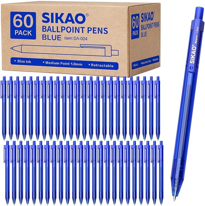 Blue Pens | 60 Pack Retractable Ballpoint Pens Multipack | Blue Ink Medium Point 1.0mm | Smooth Writing Ball Point Pens | School Office Supplies, Box of Pens Bulk (Blue Ink)