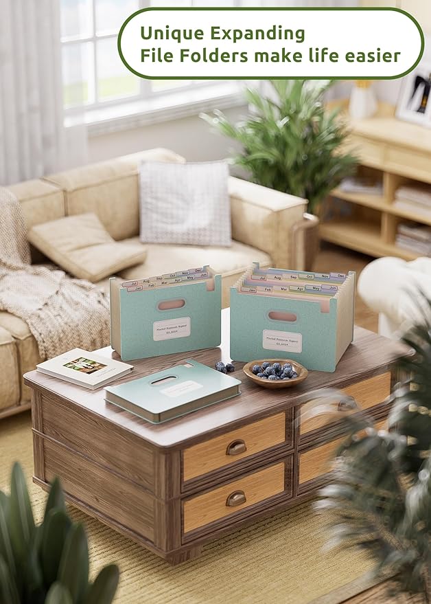 Accordion File Organizer, 12 Pockets Wheat Straw Expanding File Folders, Upright & Open Top, Monthly Bill Receipt Organizer, 100% BPA Free, Return to Nature, Healthy Living, Letter/A4 Size-Sky Blue