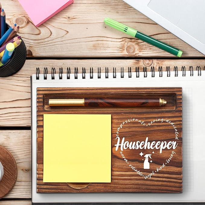 Housekeeper Sticky Note Holder Wooden, Thank You Gift for Housekeeper, Appreciation Gift for Cleaning Crew Squad Social Worker Desk Self-Stick Note Pad Holders TZP33