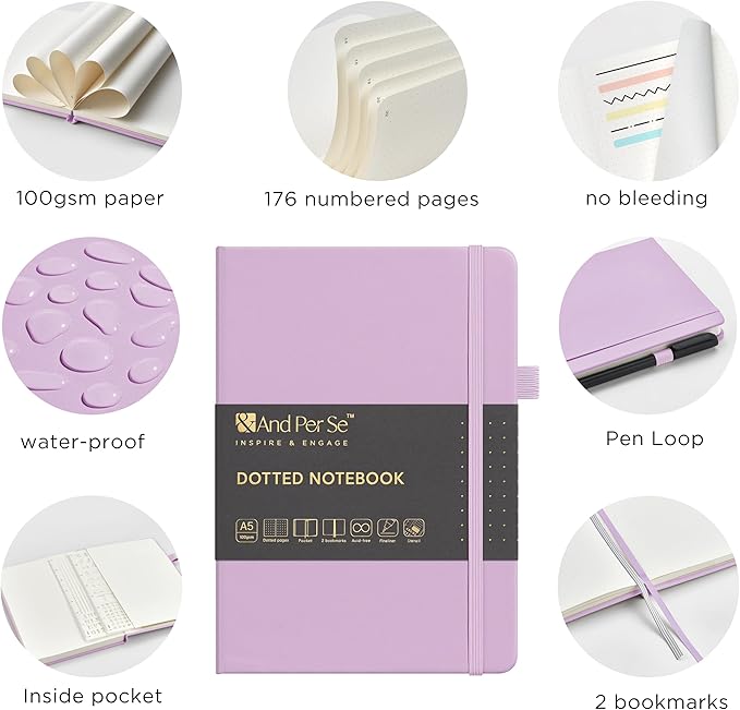 &And Per Se Bullet Dotted Journal Notebook, A5 Leather Hardcover, 176 Numbered Pages 100GSM Thick Dotted Paper, 2 Sheets of Stencils Included - 5.7'' x 8'' (Lavender)