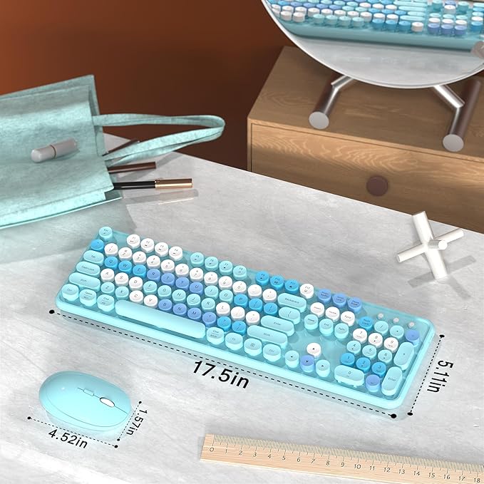 Colorful Wireless Computer Keyboard and Mouse Combo with Round Typewriter Keycaps, Retro Design, Power Switch, Ergonomic Design, 2.4GHz Wireless for Windows, Mac, PC (Blue-Colorful)