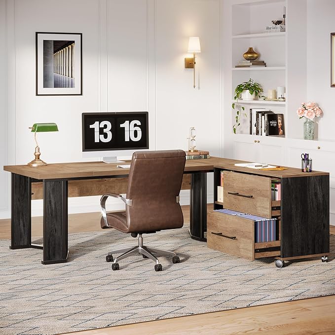 Tribesigns 70.86" Executive Desk with Mobile File Cabinet, Large L Shaped Computer Office Desk with 2 Drawers and Storage Shelves, Business Furniture Desk Workstation for Home Office (Light Brown)