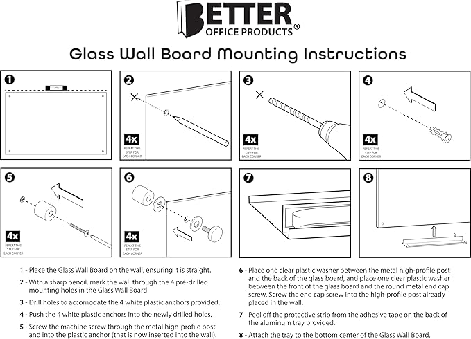 Real Glass Dry Erase Monthly Calendar, Giant Size 34" x 46", White Tempered Glass Surface, Frameless Wall Mount, with 4 Assorted Color Markers and Eraser, by Better Office Products (Bright White)