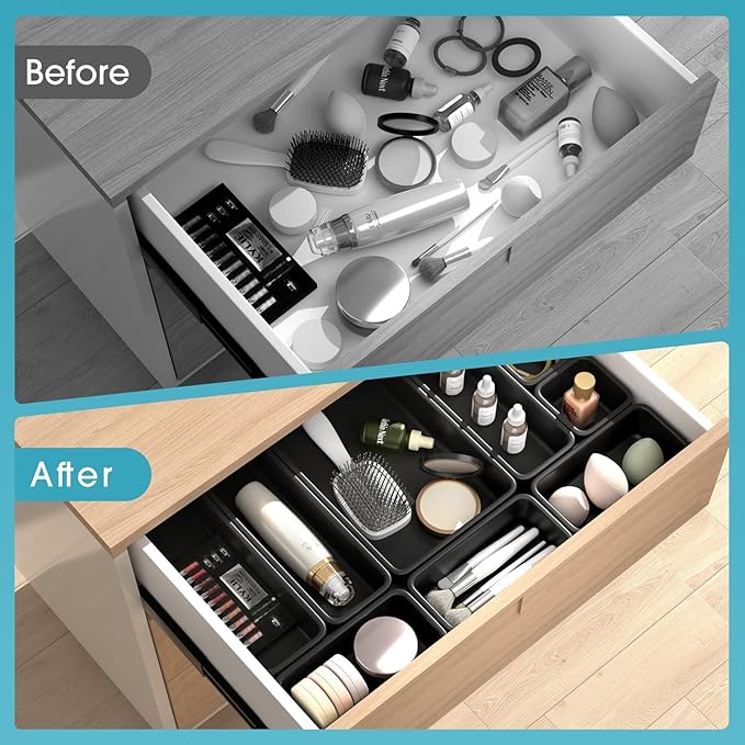 33 PCS Drawer Organizer Set, 4 Size Makeup Drawer Divider Organizer With Non-Slip Pads, Interlocking Plastic Storage Bins for Office,Jewelry Vanity,Gadgets, Bathroom,Kitchen, Black