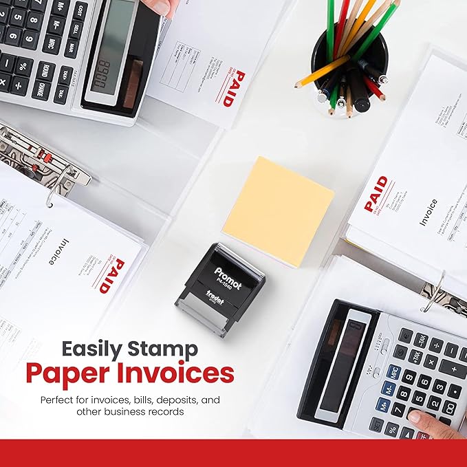 Promot Paid Stamp Self Inking Stamp - Paid Stamp for Office, Accounts Payable Stamp w/Check Number and Date - Rubber Stamps for Retail Use, Red Ink Stamp, Self Inking Stamp for Business Supplies