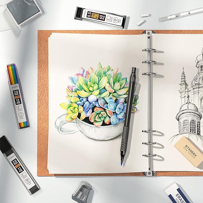 25PCS Art Mechanical Pencil Set, 3PCS Metal lead pencil 0.5, 0.7, 0.9, 2PCS 2mm Drawing Pencil (HB 2H 2B 4B Color) with 392PCS Graphite Leads, Eraser with Case for Drafting Drawing Writing