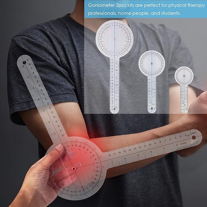 Goniometer Set 3 Pieces of 6/8/12 Inch Occupational Physical Therapy Protractor Tool Measurement Angle Ruler Kit Plastic 360 Degree Universal (3pc)