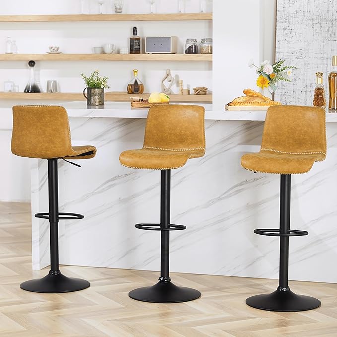 HeuGah Bar Stools Set of 6, Swivel Counter Height Barstools with Back, Adjustable Height 24" to 32", Whiskey Brown Faux Leather Bar Chairs for Kitchen Island (Whiskey Brown, Set of 6 (24'' to 32''))