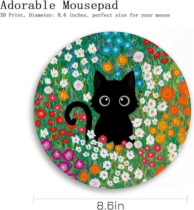 Gctriki Anime Black Cat Mouse Pad 8.6 x 8.6 Inch, Funny Round Mousepad for Gaming Laptop Computer, with Stitched Edge Non-Slip Rubber Base, Cute Cat Flower Home Office Decor Desk Accessories