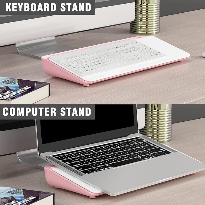 SELEAD Desktop Glass Whiteboard with Organizer & Built-in Mirror - Small Dry Erase White Board Computer Pad Keyboard Stand with Markers, Eraser, Holder for Women Girls - Pink