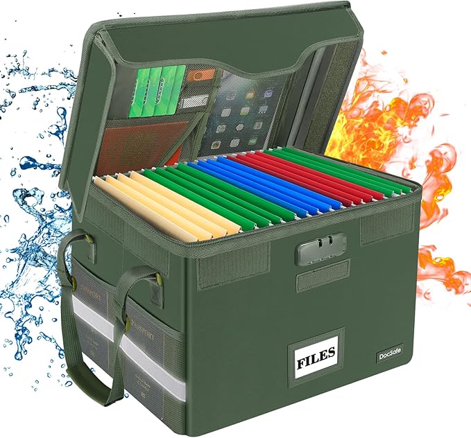 DocSafe File Box Fireproof Document Box with Lock,File Storage Organizer Box with Mesh Inserts&Zipper Lid,Collapsible Portable File Box Home Office File Cabinet with Handle for Hanging Folders,Green
