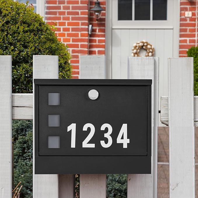 LAND·VOI Locking Mailbox Wall Mounted, Metal Postbox with Three Sets of Mail Box Number Stickers, 4 Keys, 14.4" x 4.5" x 11.2", Large Capacity, Black, AMB11B