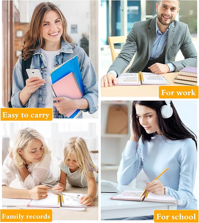 5 Subject Notebook College Ruled, Hardcover Spiral Notebook with Removable Pocket Dividers Tabs, 240 Pages Lined Spiral Journal Notebook for Women, 6x8.5 Notebooks for Work School Note taking A5 Pink