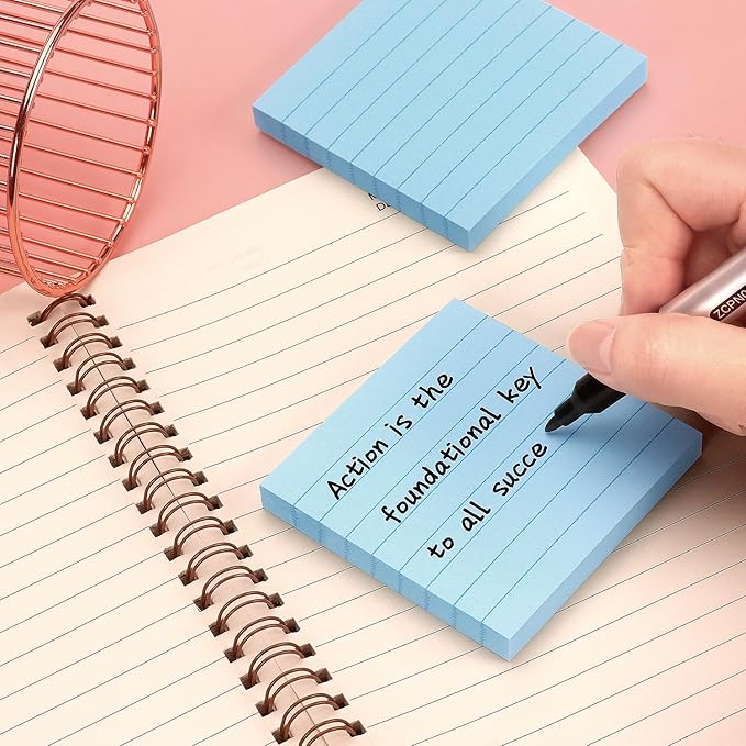 Lined Sticky Notes 3x3 Sticky Notes with Lines Self-Stick Notes Bright Color 4 Pads 90 Sheets/Pad (Light Blue)
