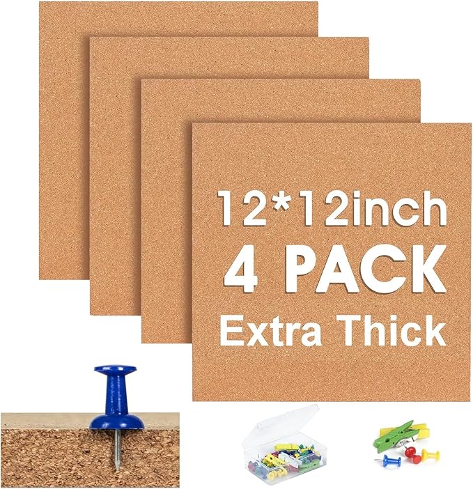 Cork Bulletin Square Board for Walls - SVOPY 4 Pack Extra Thick 12x12 Inches Cork Board Tiles for Home Office Decor, Cork Sheet,School Message Board Decorative Display Boards