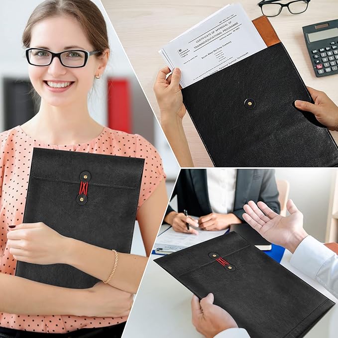 Black A4 PU Leather File Folders for Documents,Important Private File Organizer with String Tie Closure,Laptop Sleeve Notebook Case,Leather Portfolio Binder Envelopes, Filing Folder 1PC
