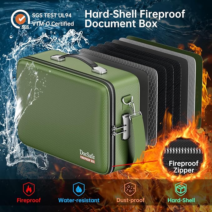 DocSafe Fireproof Document Box with Lock&Shoulder Strap,Hard Case File Organizer with Accordion File Folder,Multi-Layer Portable Home Office Travel Safe Storage for Important Documents Laptop Green
