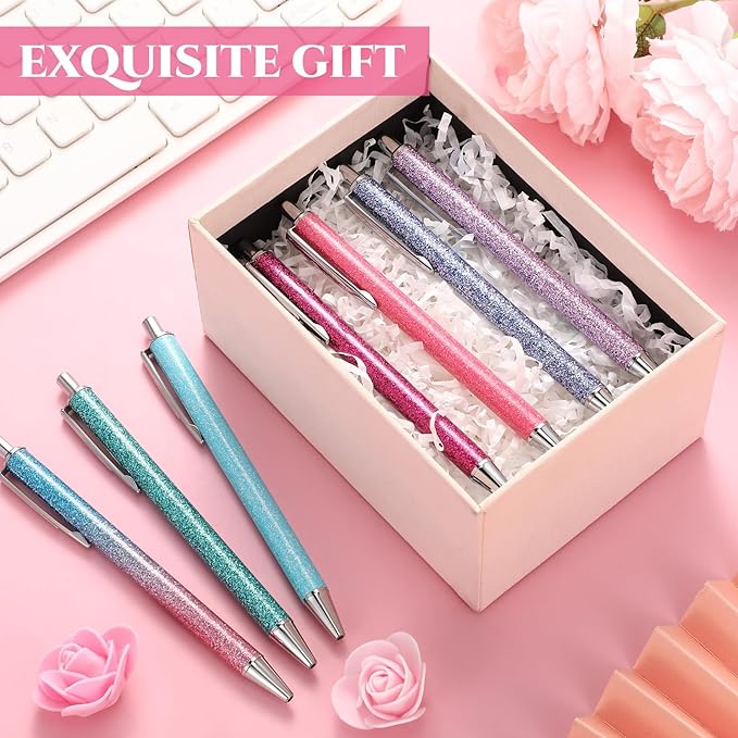 Sherr 7 Pcs Fancy Pens for Women Cute Sparkly Glitter Pens with 10 Pcs Black Ink Refills Pretty Gifts for Girls Office School Christmas Graduation(Pastel,Glitter)