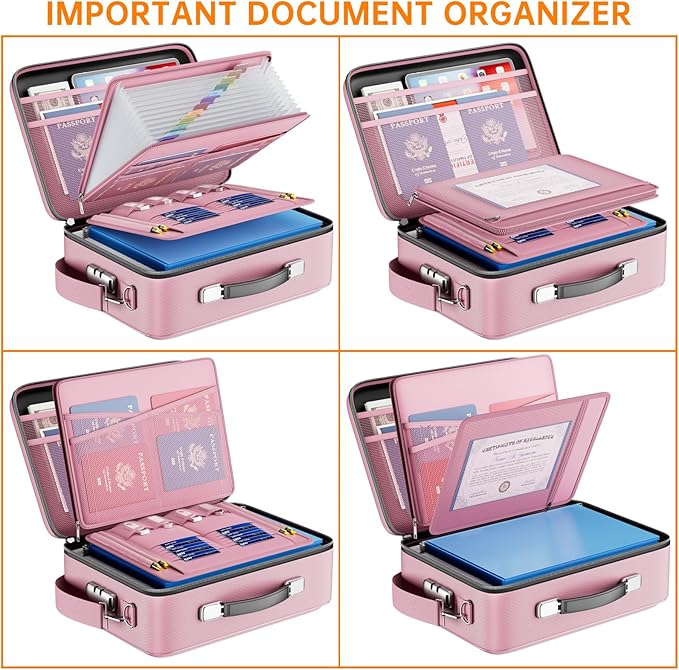 DocSafe Fireproof Document Box with Lock&Shoulder Strap,Hard Case File Organizer with Accordion File Folder,Multi-Layer Portable Home Office Travel Safe Storage for Important Documents Laptop Pink