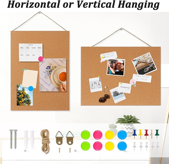 DOLLAR BOSS Magnetic Cork Board, 2 Pcs 16" x 12" Small Cork Bulletin Board 0.7" Thick Frameless Corkboards for Walls Pin Notice Board with 8 Magnets 10 Pushpins for Home Office Kitchen School Decor