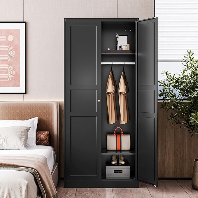 Letaya Wardrobe Armoire Closet,72" H Metal Storage Cabinet with Adjustable Shelves and Hanging Rod,Bedroom Armoire Cabinet Clothes Organizer (Black)