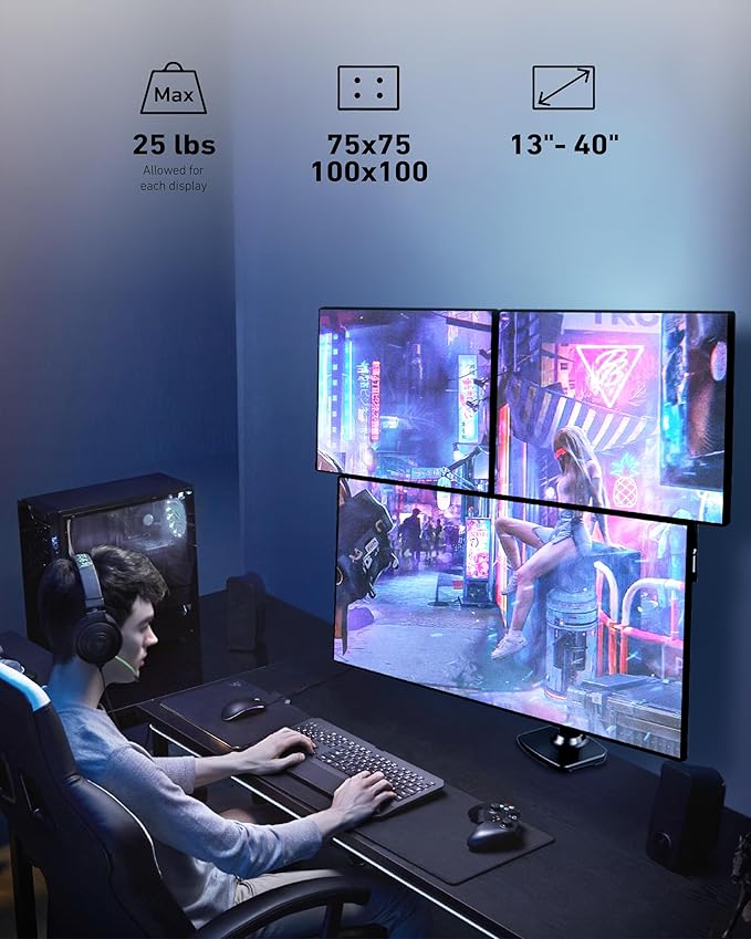 Triple Monitor Mount, Holds Screens up to 40 Inches and 25 lbs, Fully Adjustable 3 Monitor Desk Mount with C-Clamp and Grommet Base, Aluminum, Black
