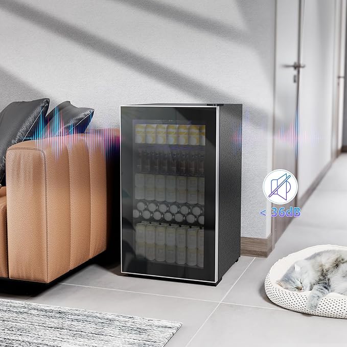 Kndko Beverage Refrigerator Cooler - 130 Can Mini Fridge with Adjustable Shelves, Glass Door, Digital Temperature Control, LED Lighting, Energy Efficient for Home, Office, Bar - 3.2 Cu.Ft, Black