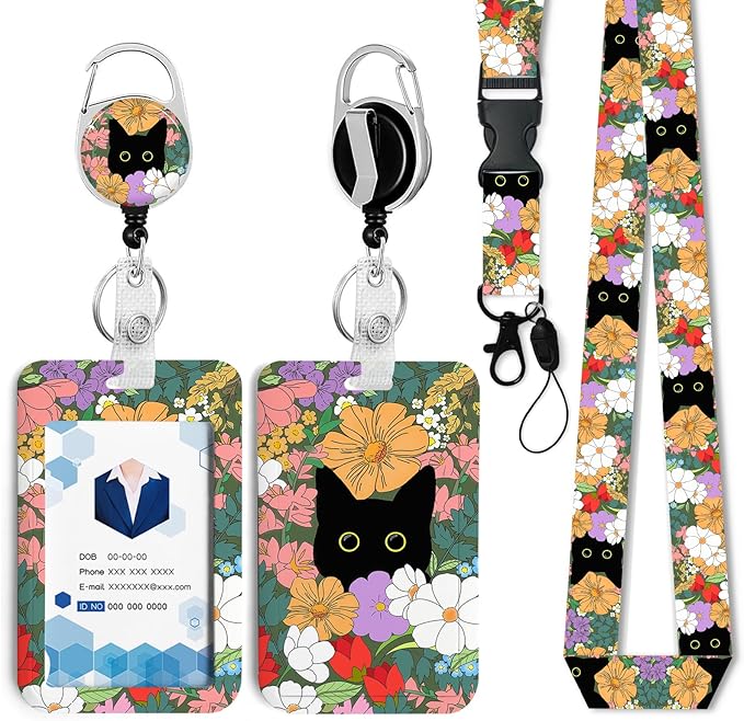 Cute Cat Hidden in The Flowers Badge Holder with Retractable Reel and Breakaway Lanyard,Badge Clips Retractable Heavy Duty Badge Reel,ID Holder with Breakaway Lanyard for School Nurse Office Teen 