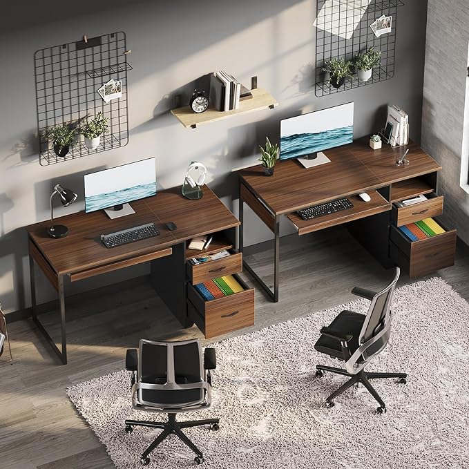 Bestier 48” Computer Desk with Drawers, Office Desk with Storage, Industrial Wood Writing Desk with File Drawer, Keyboard Tray & 2 Hooks for Home Office & Studio, Cherry