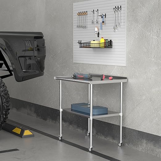Stainless Steel Table with Wheels 30 x 36 Inches Metal Prep Table with Backsplash & Adjustable Undershelf, Stainless Table for Commercial Kitchen, Outdoor, Restaurant, Hotel & Garage