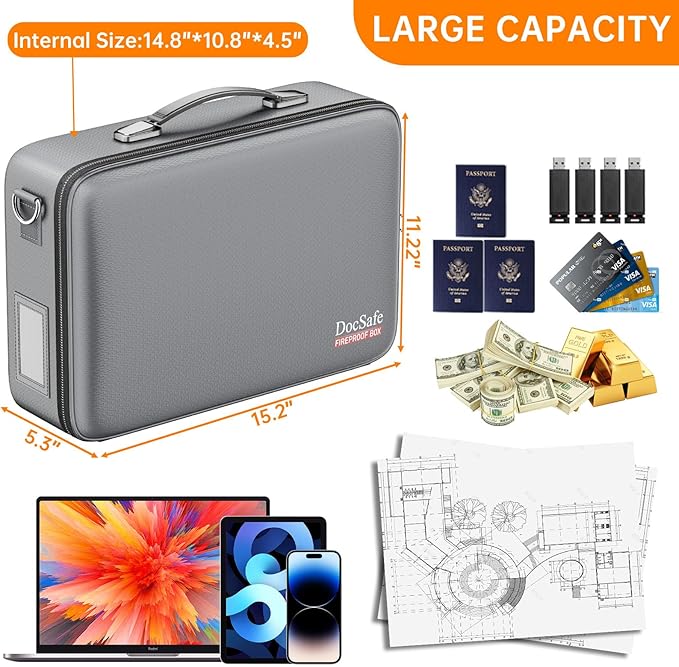DocSafe Fireproof Document Box with Lock&Shoulder Strap,Hard Case File Organizer with Accordion File Folder,Multi-Layer Portable Home Office Travel Safe Storage for Important Documents Laptop Gray