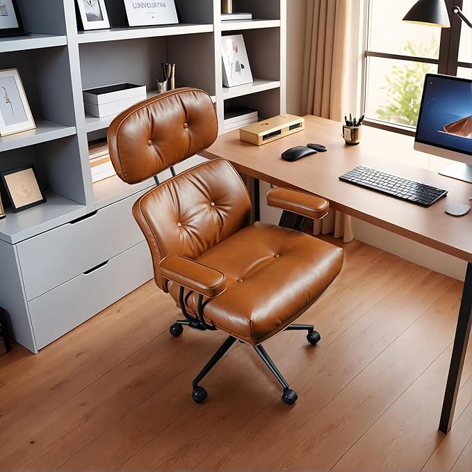 Faux Leather Executive Office Chair - Big and Tall Ergonomic Home Office Chair,Reclining Computer Desk Chair with Lumbar Support,Adjustable Task Chair Swivel Rolling PC Chair with Wheels,Browm,PU