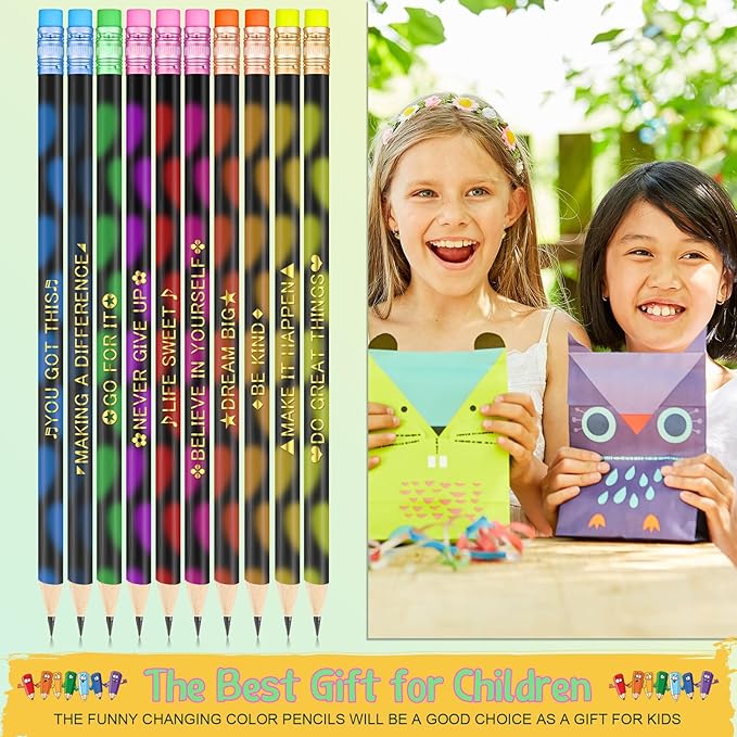 Eersida 40 Pcs Color Changing Mood Pencil with Motivational Sayings, 2B, Fun Assorted Thermochromic Pencils with Eraser(Bright Color,Positive)