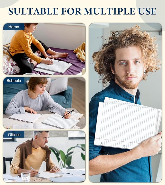 8.5 x 11 Wide Ruled Paper, Loose Leaf Paper, 3 Hole Punch Paper 8.5 x 11 WhiteLoose Leaf Notebook Paper for 3 Ring Binders, Notebook Paper,Filler Paper,Lined Paper, 400 Sheets Writing Paper (4 Pack)