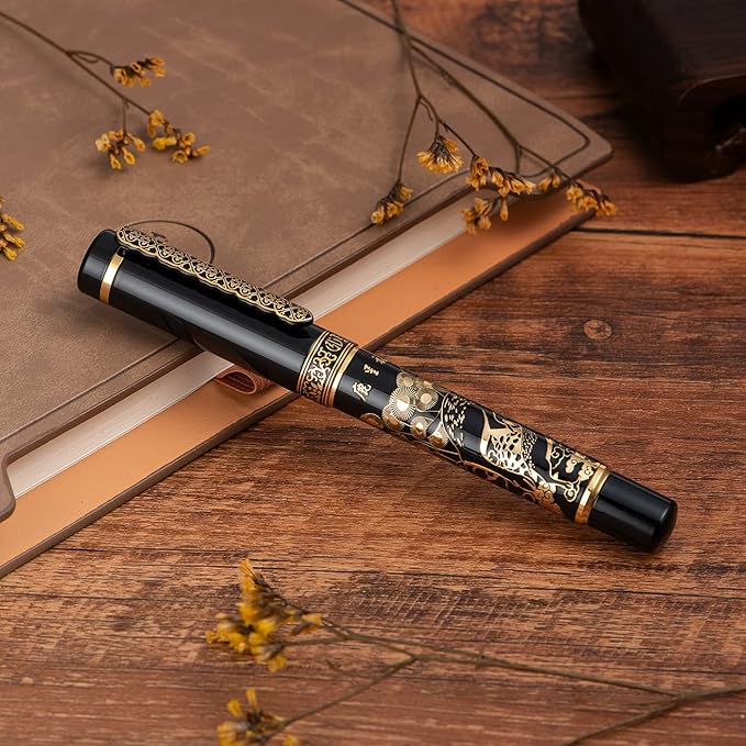 Hongdian 8037 Chinese Classical Fountain Pen, Iridum Fine Gold Nib with Chinese Deer Totem Design, Smooth Writing Pen with Ink Converter and Metal Pen Box Set
