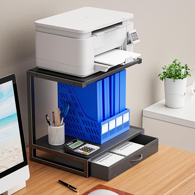 2-Tier Desktop Printer Stand with Fabric Drawer, Prtiner Table with Storage Shelf, Desk Organizer for Home Office,3D Printer,Fax Machine,Scanner, 17.3"x11.8" Black