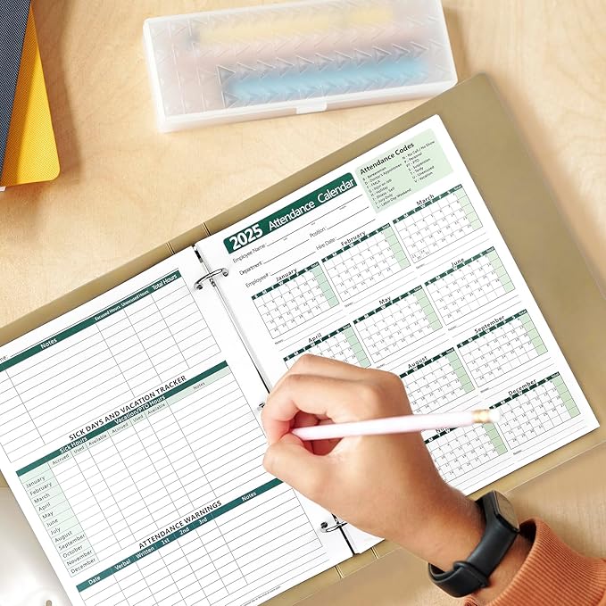 2025 Attendance Calendar (Pack of 25 Sheets) Employee Work Tracker Attendance Calendar Cards - Each sheet 8.5 X 11 100lb CardStock paper Material Make (25 sheets -Green)