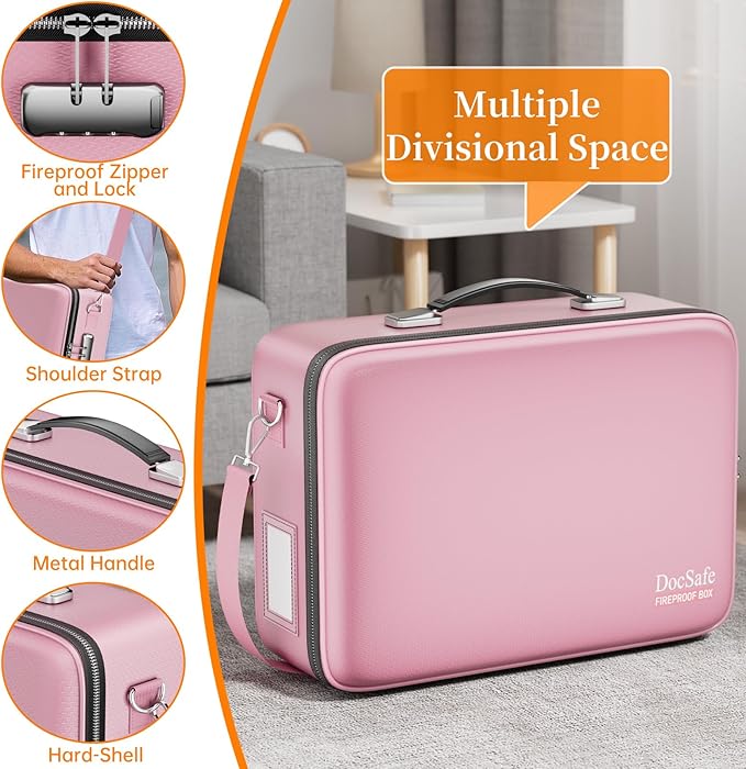 DocSafe Fireproof Document Box with Lock&Shoulder Strap,Hard Case File Organizer with Accordion File Folder,Multi-Layer Portable Home Office Travel Safe Storage for Important Documents Laptop Pink