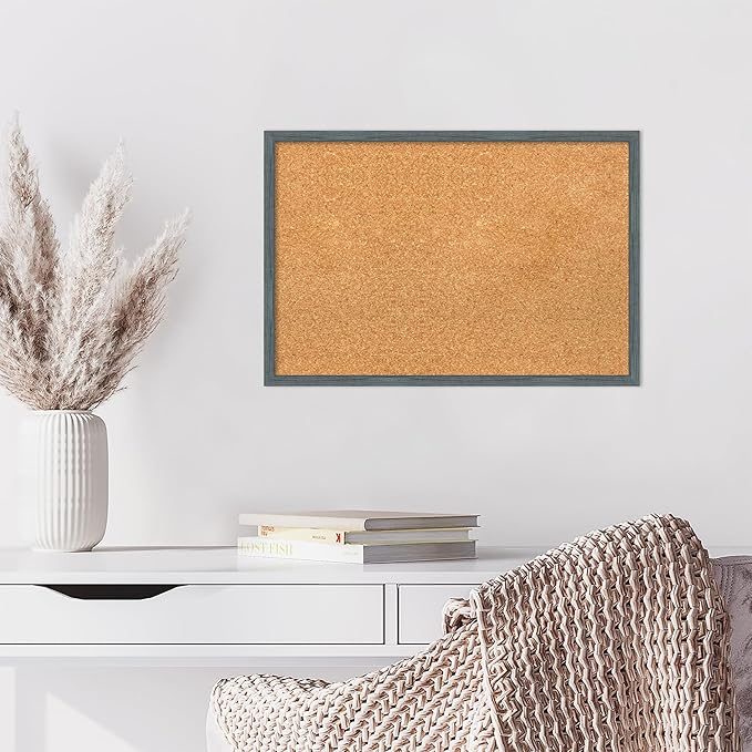 Amanti Art Natural Cork Board for Wall, 17x25 Vision Board with Blue Wood Frame, Medium Corkboard Office Decor for Home Organization, Rustic Farmhouse Corkboard Pinboard to display items for home