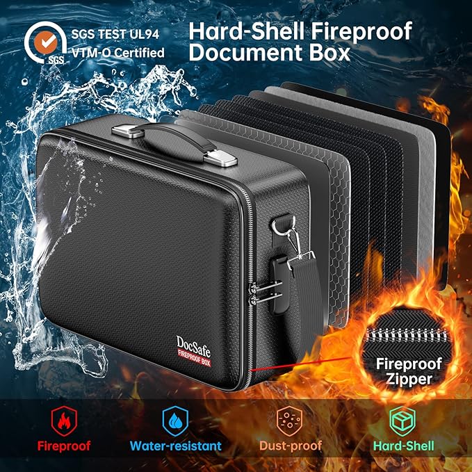 DocSafe Fireproof Document Box with Lock&Shoulder Strap, Hard-Shell Case File Organizer with Accordion File Folder, Multi-Layer Portable Home Office Travel Safe Storage for Important Documents Laptop