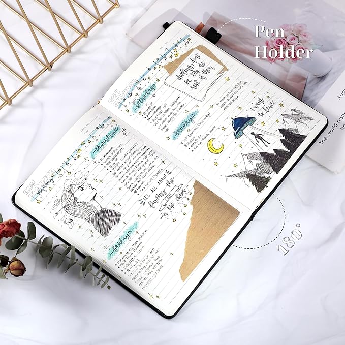 Lined Journal Notebook for Women Cute Leather Journals for Writing Aesthetic Floral Diary 192 Pages A5 Hardcover Journaling Notebooks with Pen Loop, 5.7 x 8.3 In, Black