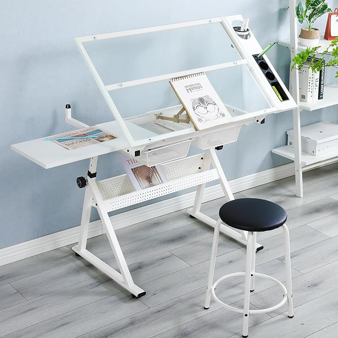 LifeSky Drafting Table Adjustable for Artists - Art Drawing Desk with Storage for Painting Sketching - Glass Top for Painters Illustrators Cartoonists White