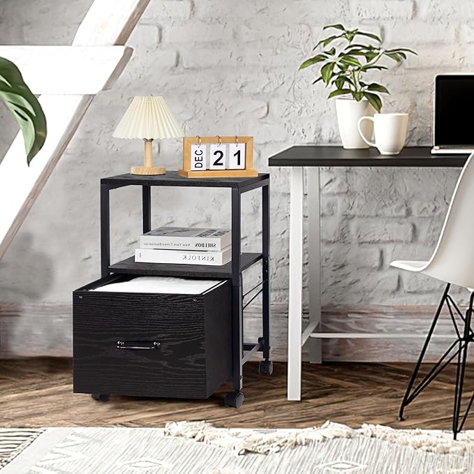 2 Tier Metal Mobile Under Desk Home Printer Stand with Storage Drawer Small File Cabinet for Home Office with Wheels Printer Tables for Small Spaces, Black