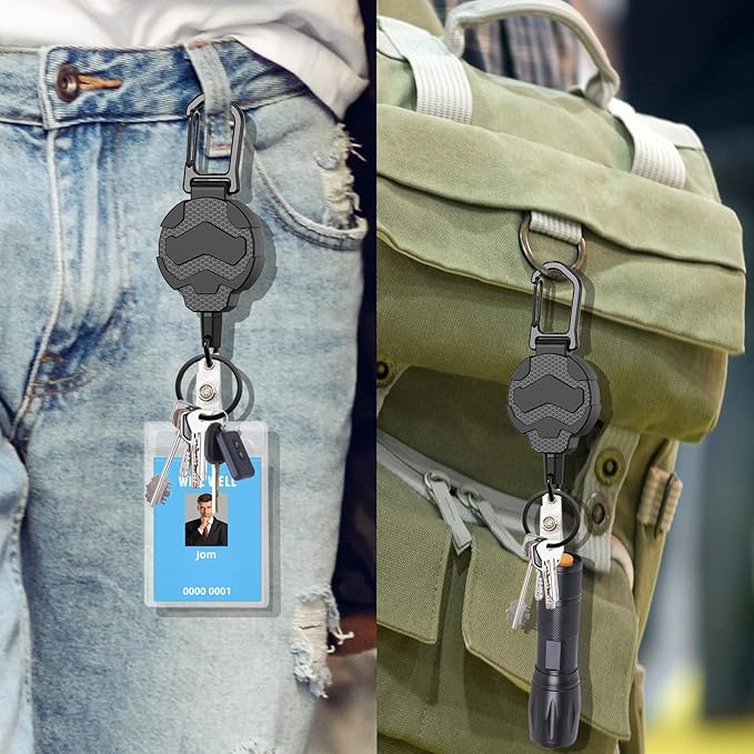 Retractable Keychain Badge Holder with Belt Clip, Heavy Duty Carabiner ID Badge Clip Reel, 32” Steel Retractable Cord, 10 oz Rebound,2pcs Black Keychain