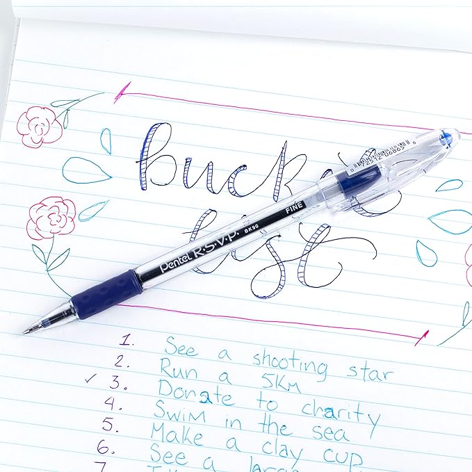 Pentel® R.S.V.P.® Ballpoint Pens, Fine Point, 0.7 mm, Clear Barrel, Blue Ink, Pack of12