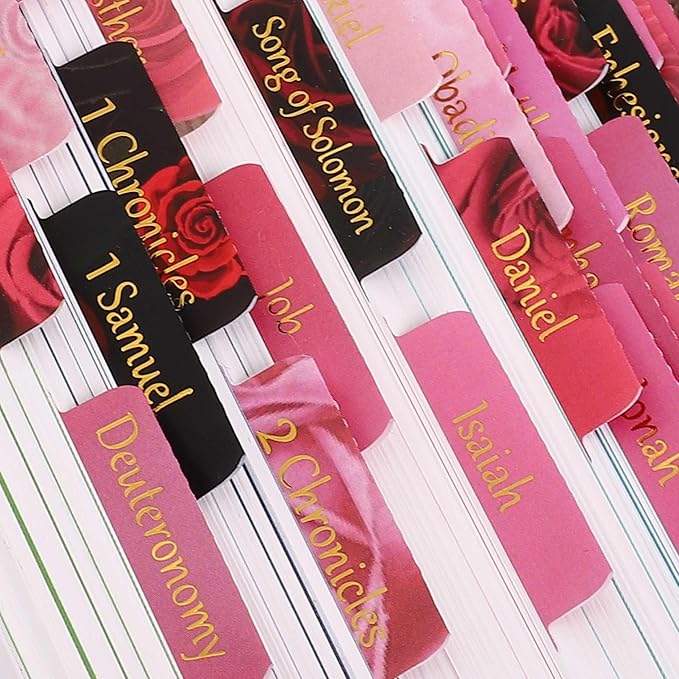 Thinkor Laminated & Reposition Bible Tabs, Gold Foil Pink Rose, Large Print Christian Gift for Women, Easy to Read and Apply Bible Journaling Tabs (Gold Pink Rose)