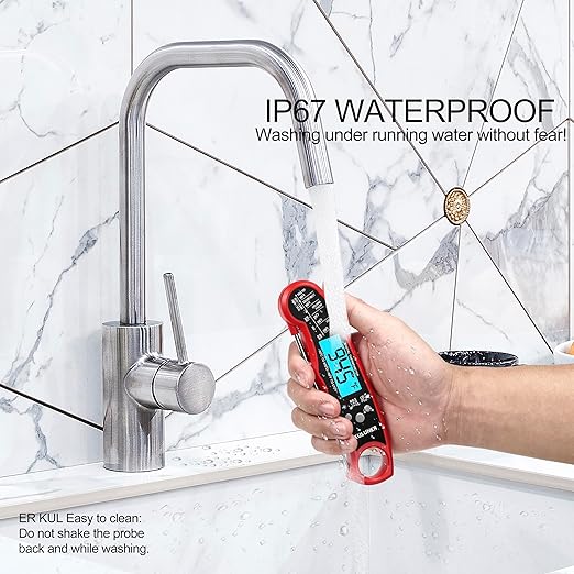 TP-01 Waterproof Digital Instant Read Meat Thermometer with 4.6 Folding Probe Backlight Calibration Function for Cooking Food Candy, BBQ Grill, Liquids,Beef(Red)